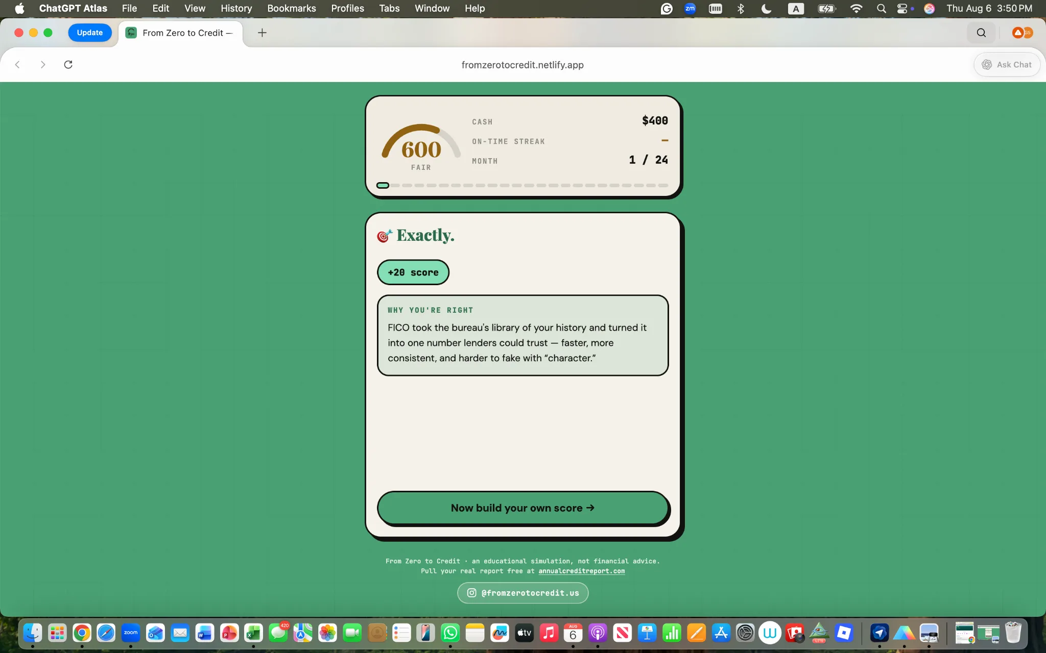 A correct answer in the From Zero to Credit simulation
