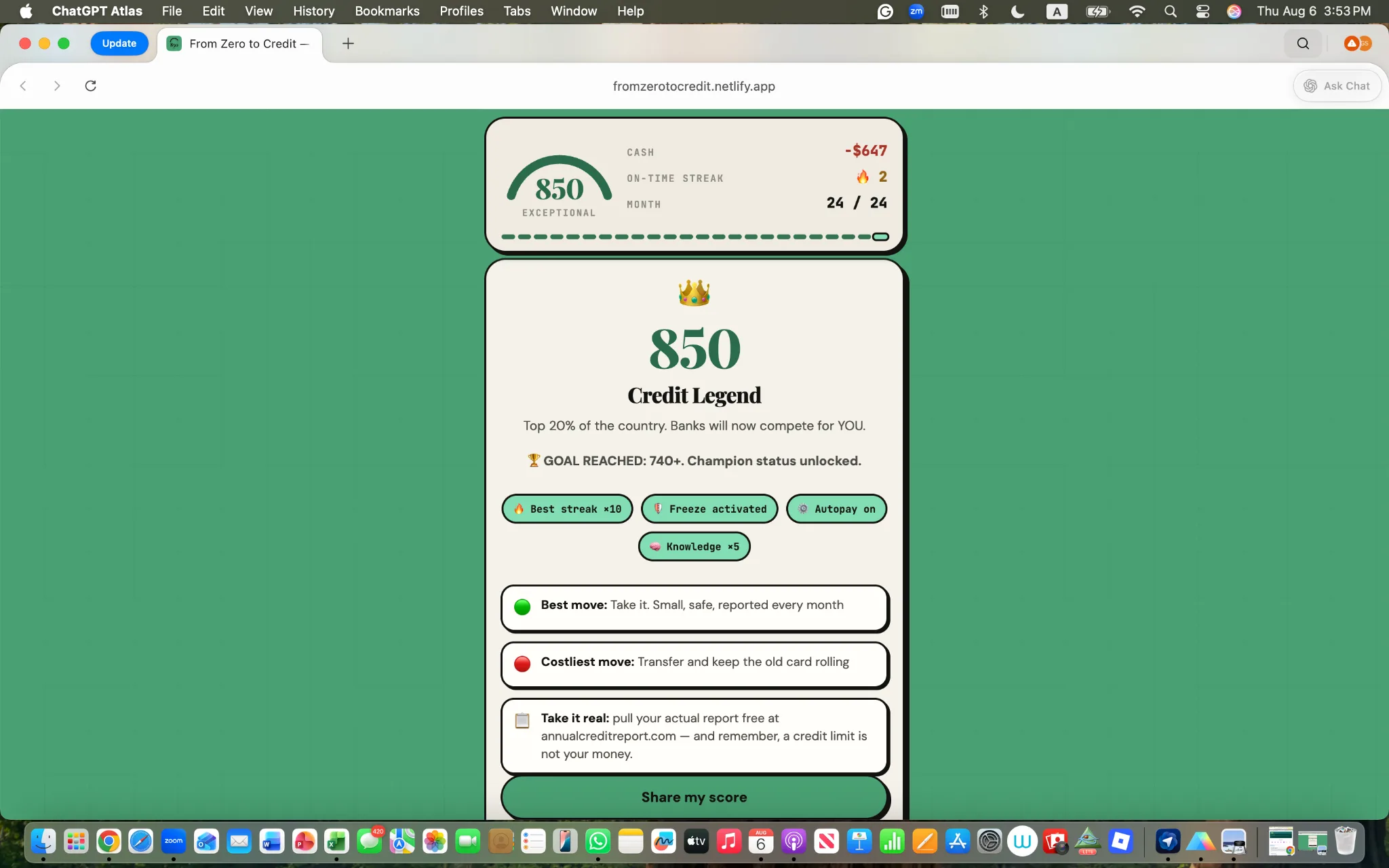 From Zero to Credit game results